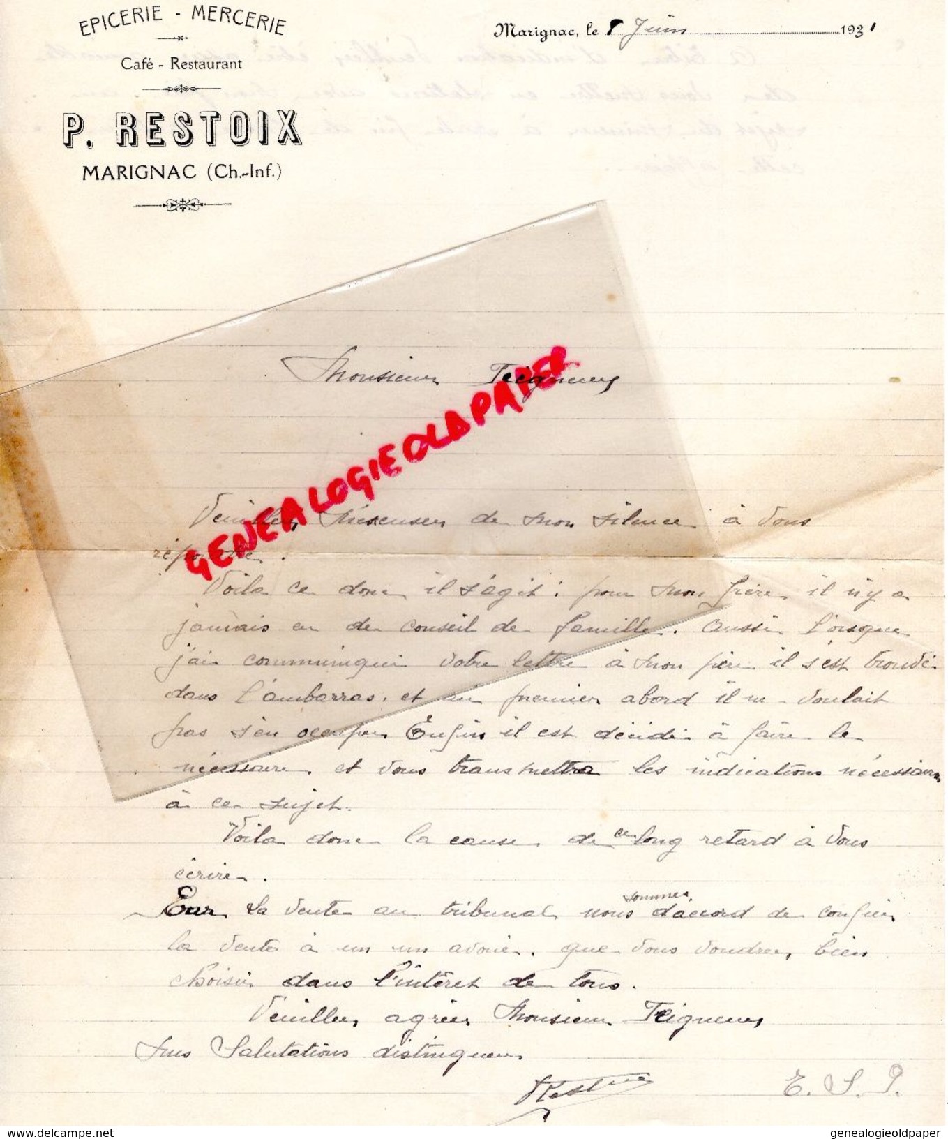 17 - MARIGNAC - LETTRE MANUSCRITE SIGNEE P. RESTOIX -EPICERIE MERCERIE- CAFE RESTAURANT- 1931 - Levensmiddelen