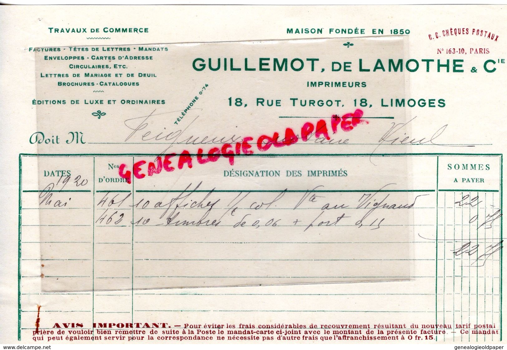 87 - LIMOGES - FACTURE GUILLEMOT - DE LAMOTHE -IMPRIMERIE- 18 RUE TURGOT - 1920 - Drukkerij & Papieren