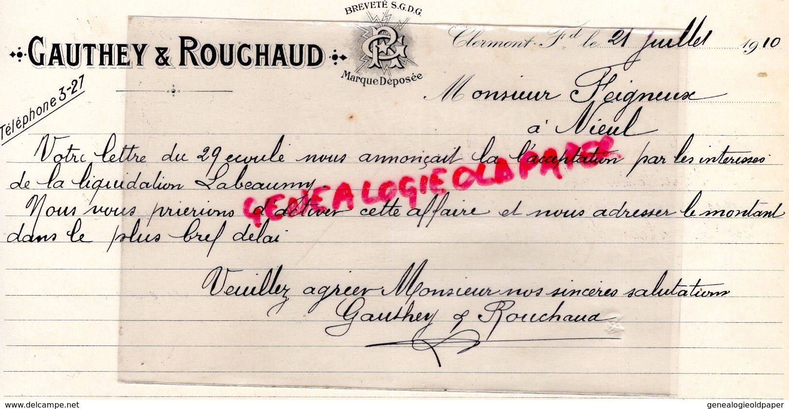 63 - CLERMONT FERRAND- LETTRE MANUSCRITE SIGNEE GAUTHEY & ROUCHAUD-1910 - Old Professions