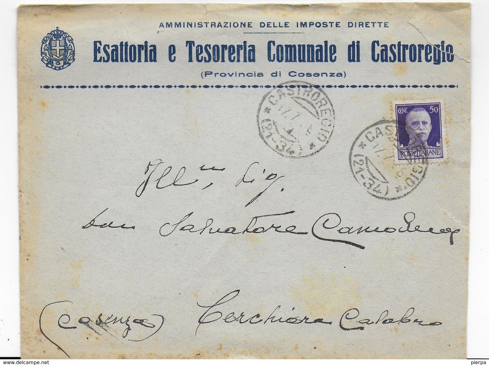 STORIA POSTALE REGNO - ANNULLO FRAZIONARIO CASTROREGIO(CS)(21-34) SU BUSTA INTESTATA 17.07.1938 - Storia Postale