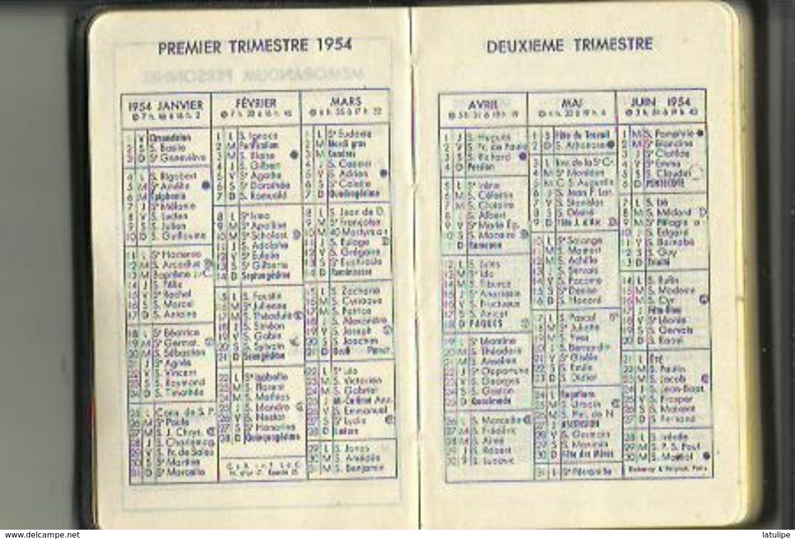 Petit Carnet 1954 Offert Par B  ANDRIVEAU Geanologiste A J  JEQUEL A Rennes Comprenant Calendrier De 1954 Et 1955 Entier - Petit Format : 1941-60