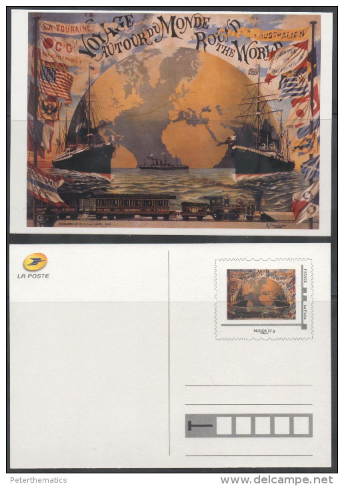 FRANCE ,2014 ,MNH, PREPAID POSTCARD, SHIPS, TRAINS, FLAGS, VOYAGE ROUND THE WORLD - Barche