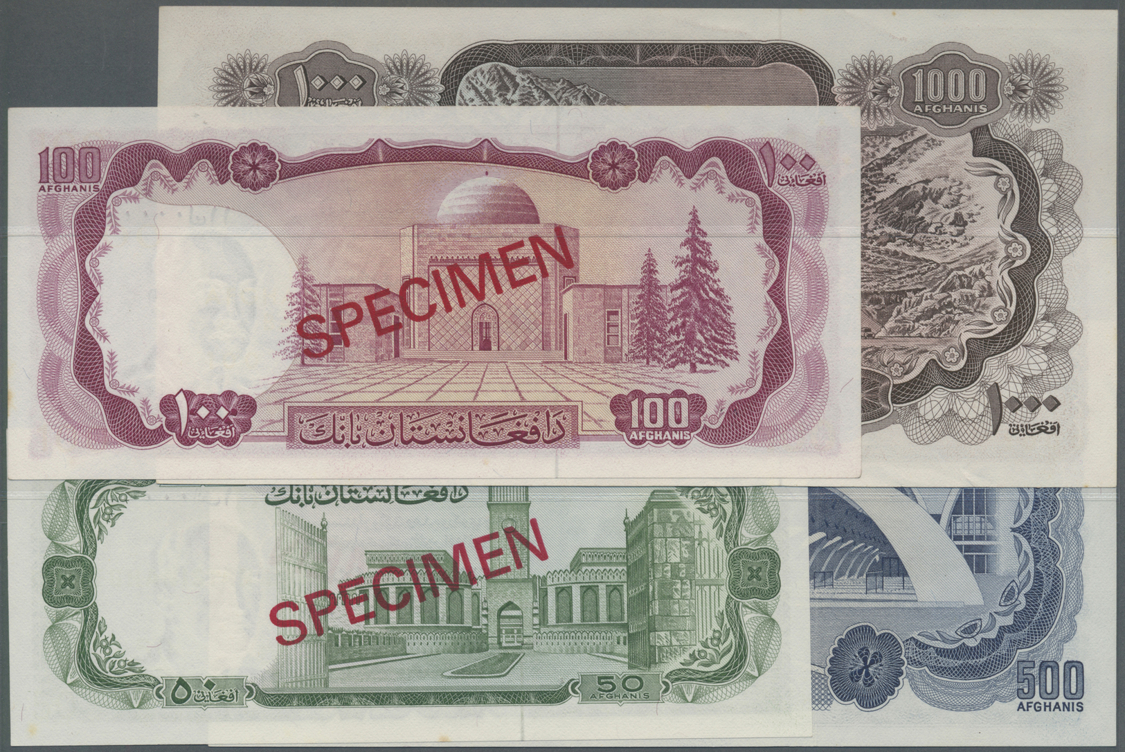 00006 Afghanistan: Set Of 4 Specimen Notes Containing 50, 100, 500 And 1000 Afghanis P. 43s-46s, The First Three In UNC, - Afghanistan