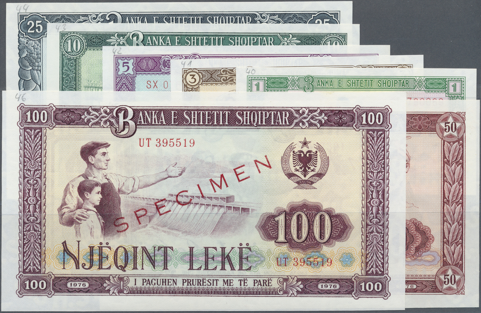 00008 Albania / Albanien: Set With 7 Specimen Notes Series 1976 From 1 To 100 Leke (P.40s-46s), All In XF/UNC Condition, - Albania