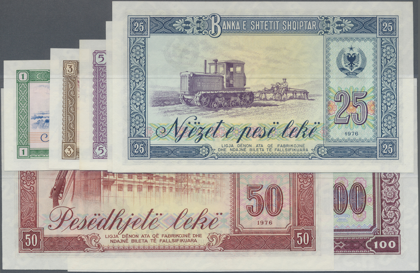 00008 Albania / Albanien: Set With 7 Specimen Notes Series 1976 From 1 To 100 Leke (P.40s-46s), All In XF/UNC Condition, - Albania