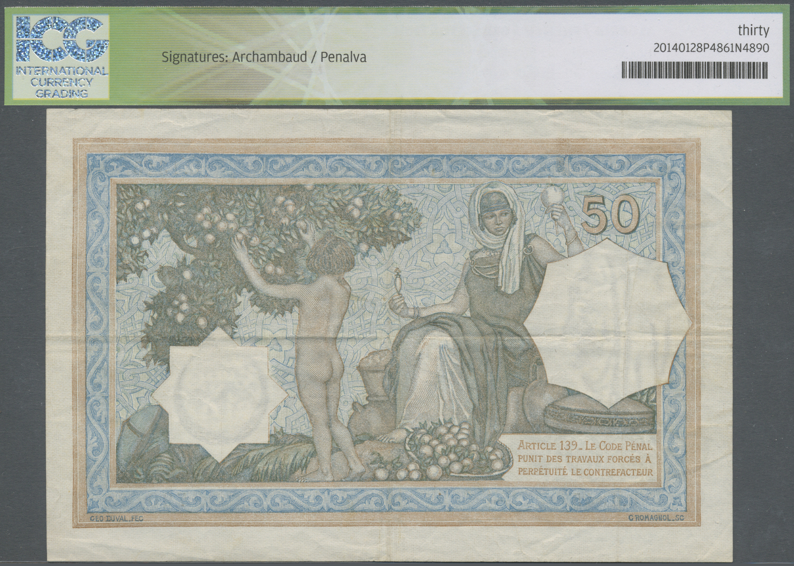00011 Algeria / Algerien: 50 Francs 1936 P. 80a, Condition: ICG Graded 30 Very Fine. - Algérie