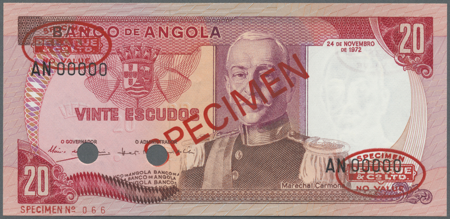 00035 Angola: 20 Escudos 1972 Specimen P. 99s In Condition: UNC. - Angola