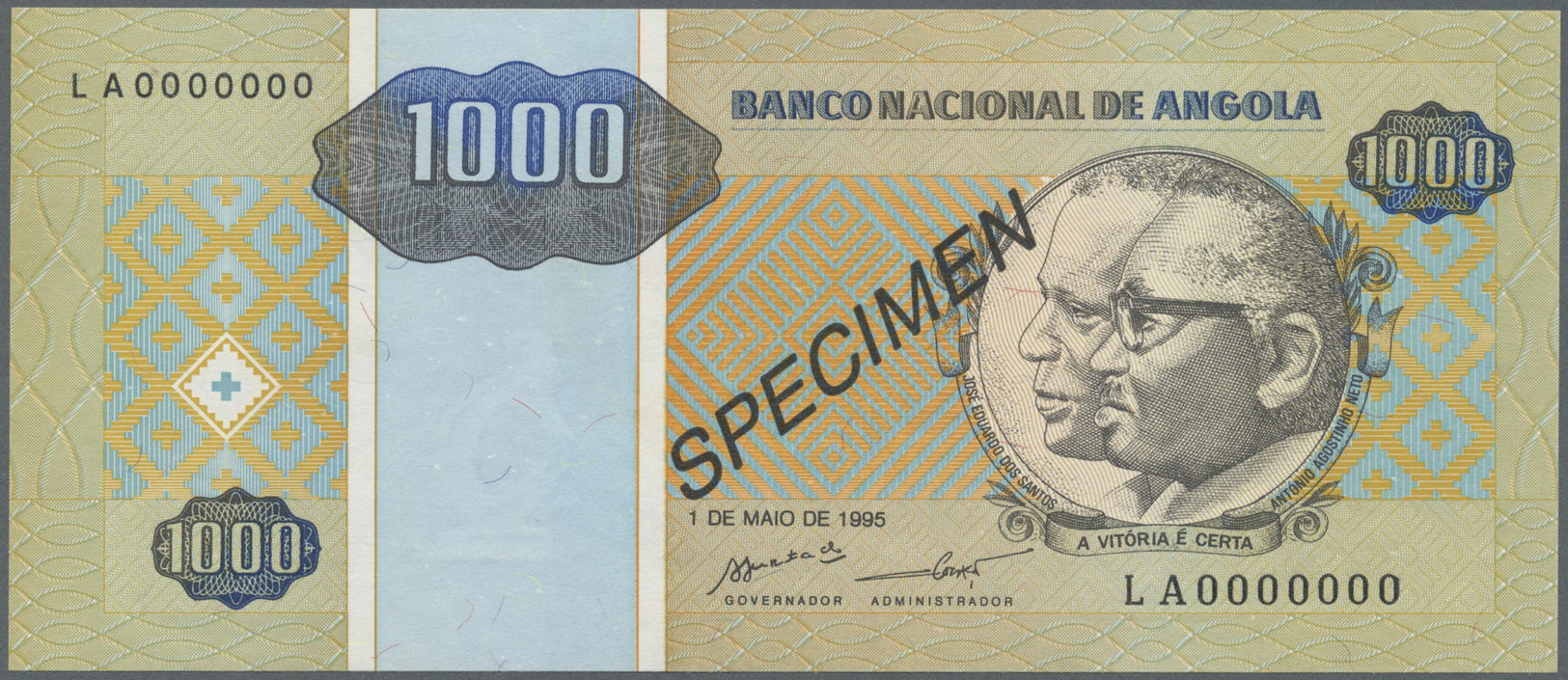 00038 Angola: Set Of 2 Specimen Notes Containing 1 Angolar 1999 And 1000 Angolares 1995 P. 135s, 143s, In Condition: UNC - Angola