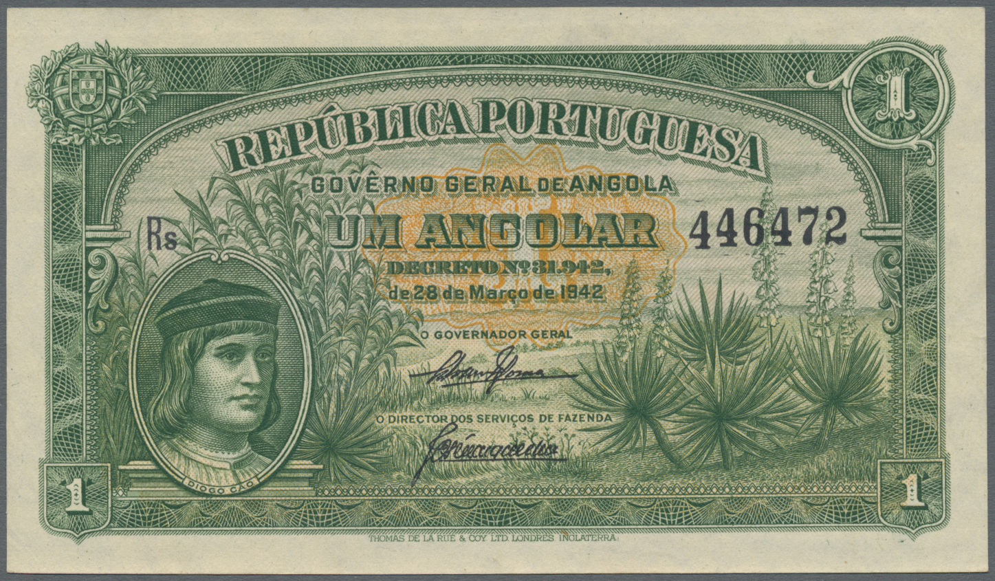 00024 Angola: 1 Angolar 1942 P. 68, Light Center Bend, Crisp Original Paper, Condition: XF+. - Angola