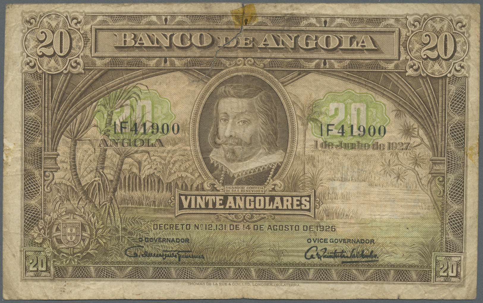 00028 Angola: Banco De Angola 20 Angolares 1927, P.73, Larger Taped Tear At Upper Margin, Stained Paper And Some Folds. - Angola