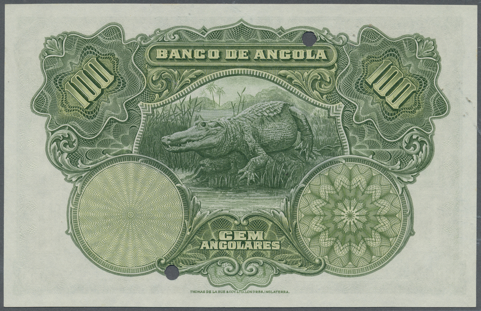 00030 Angola: 100 Angolares 1927 With Red Overprint "SPECIMEN", Punch Hole Cancellation And Serial Number 2F00000, P.75s - Angola