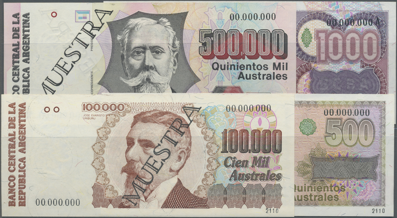 00044 Argentina / Argentinien: Set Of 8 Specimen Banknotes From 5 To 500.000 Australes P. 324s-329s, 337s, 338s, The 338 - Argentine