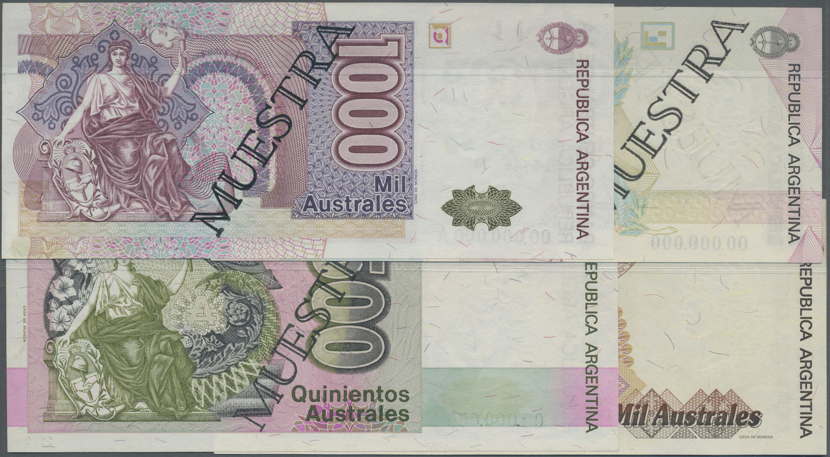 00044 Argentina / Argentinien: Set Of 8 Specimen Banknotes From 5 To 500.000 Australes P. 324s-329s, 337s, 338s, The 338 - Argentina
