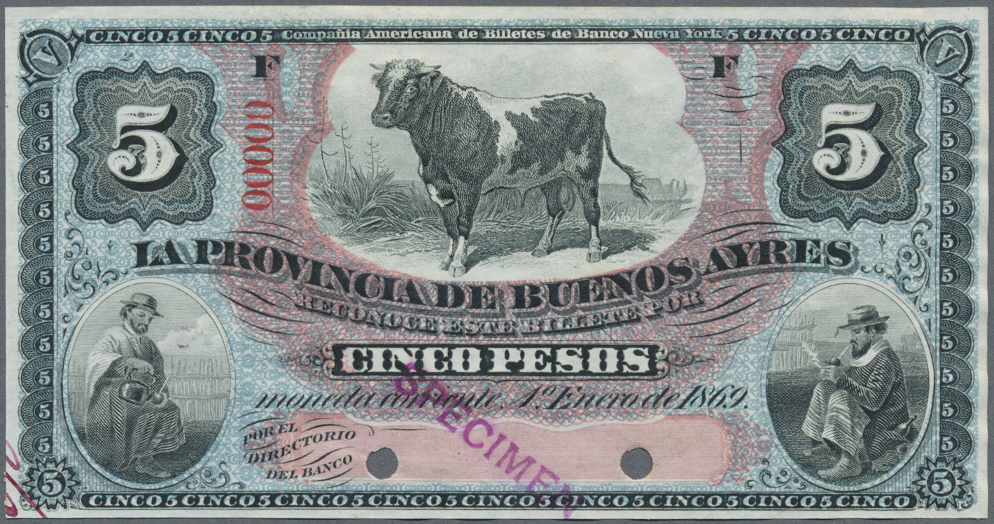00046 Argentina / Argentinien:  Provincia De Buenos Ayres 5 Pesos 1869 SPECIMEN In Light Blue And Salmon Color, P.S483s, - Argentine