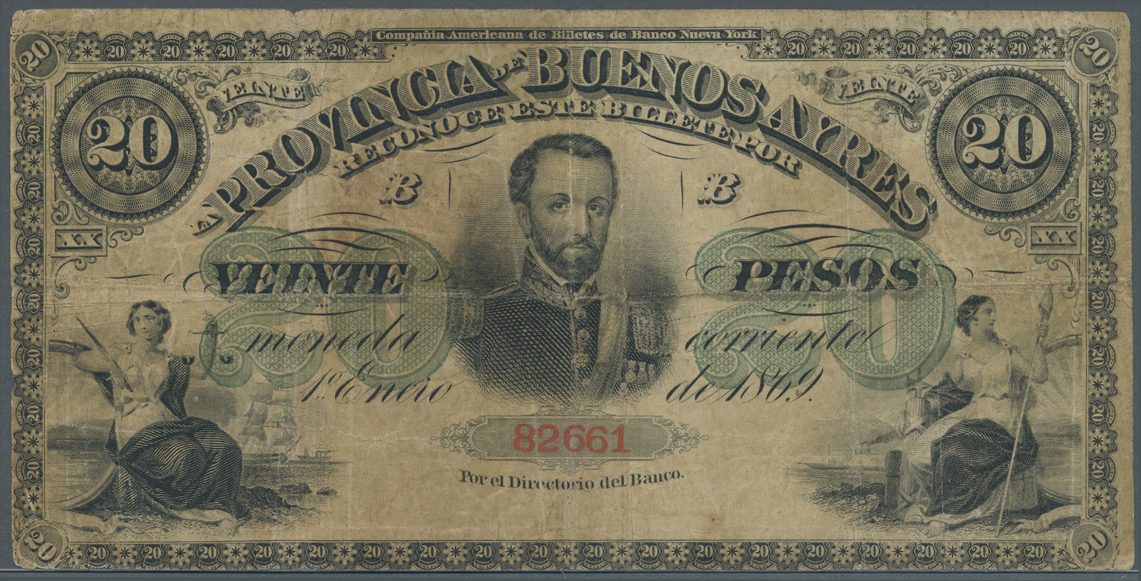 00047 Argentina / Argentinien: Provincia De Buenos Ayres 20 Pesos L.1869 P. S487, Minor Center Hole, Several Folds, Stai - Argentine