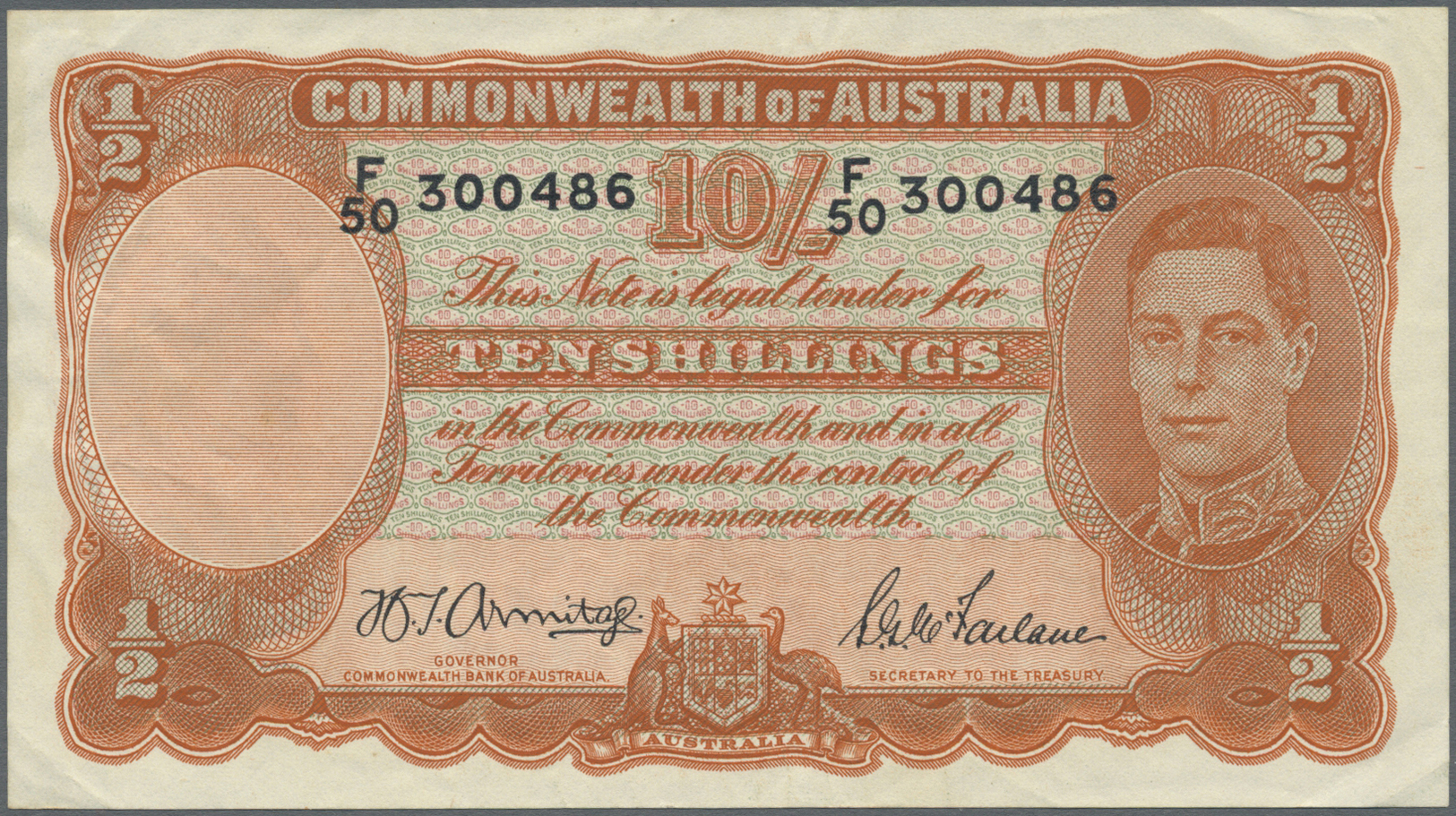 00066 Australia / Australien: 10 Shillings ND(1942) P. 25b, Creases In Paper, Condition: VF+. - Other & Unclassified