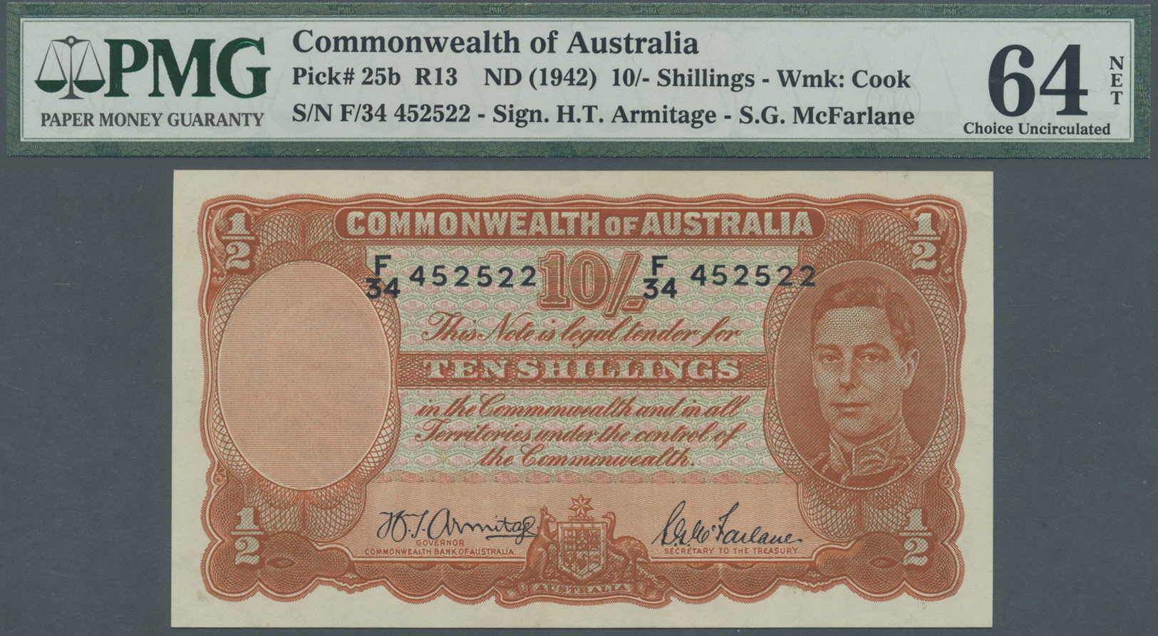 00067 Australia / Australien: 10 Shillings ND(1942) P. 25b, Condition: PMG64 Choice UNC NET (previously Mounted). - Other & Unclassified
