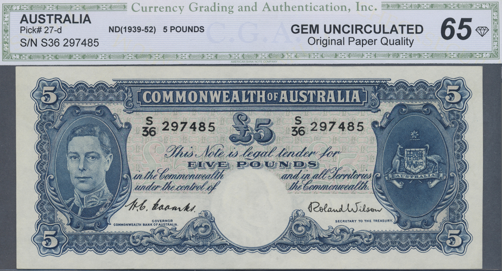 00071 Australia / Australien: 5 Pounds ND(1939-52) P. 27d In Condition: CGA Graded GEM UNC 65. - Other & Unclassified