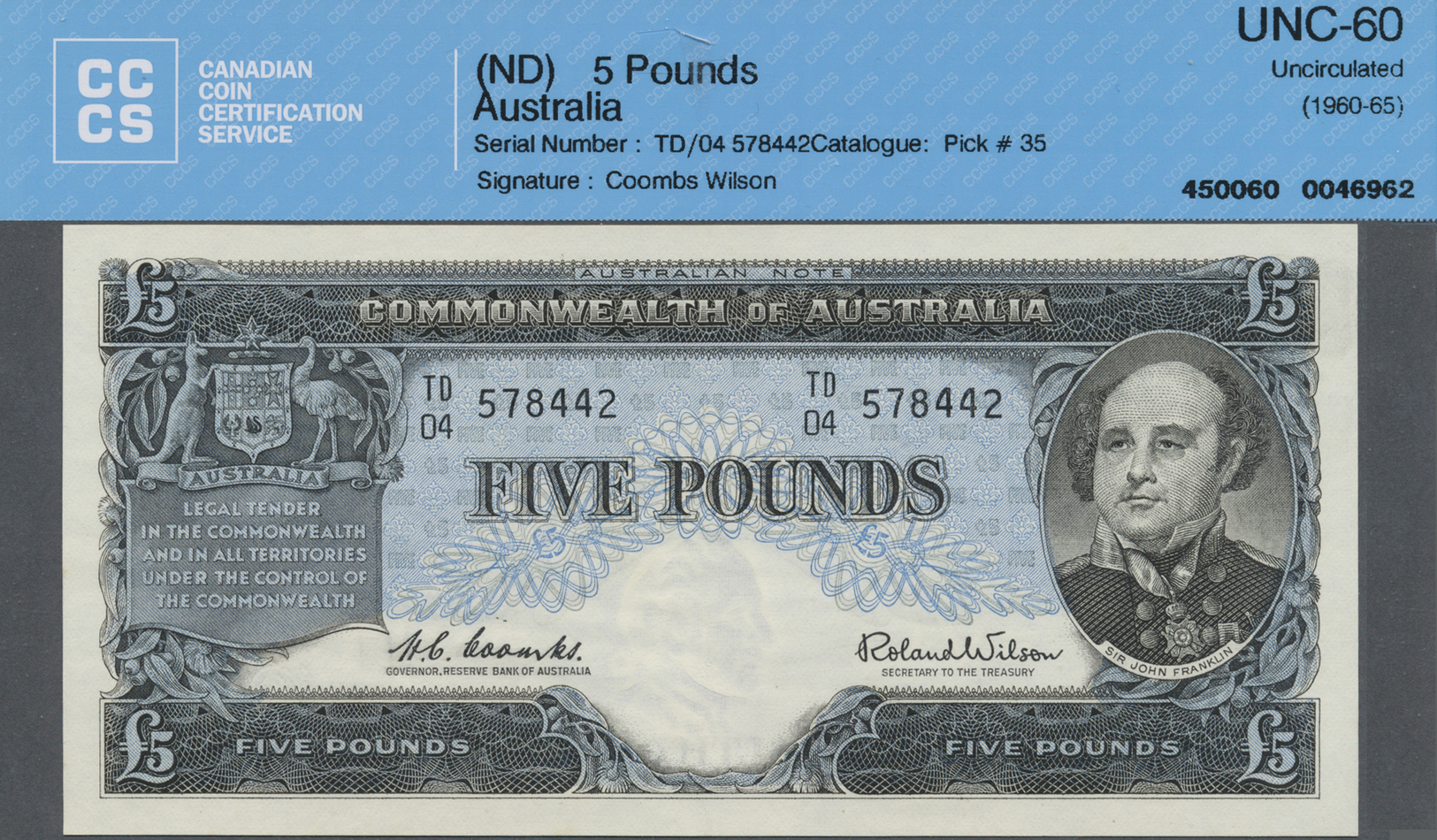 00075 Australia / Australien: 5 Pounds ND(1960-65) P. 35 In Condition: CCCS Graded UNC 60. - Other & Unclassified