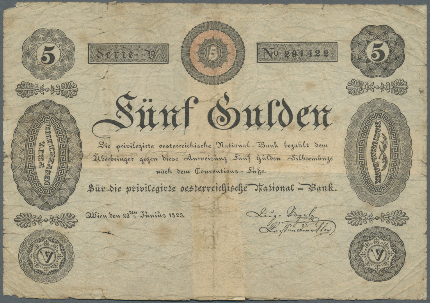 00114 Austria / Österreich:  Privilegirte Oesterreichische National-Bank 5 Gulden 1825, P.A61a, Small Border Tears, Some - Austria