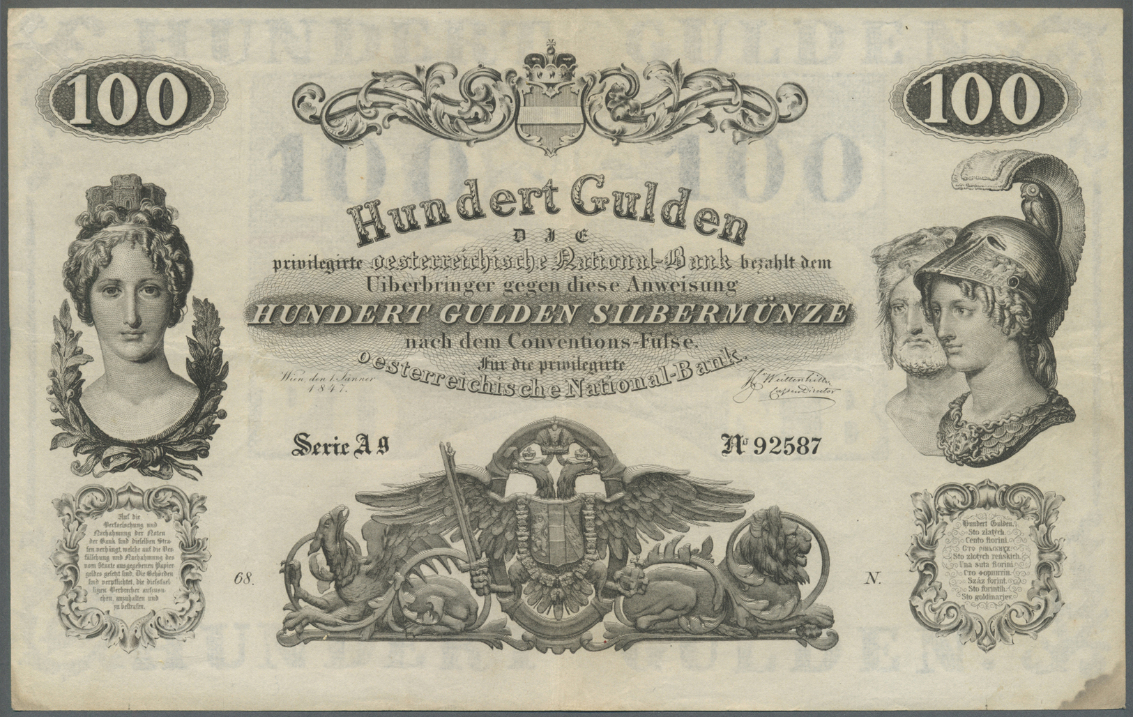 00123 Austria / Österreich: Privilegirte Oesterreichische National-Bank 100 Gulden 1847, P.A77, Extraordinary Rare Large - Austria