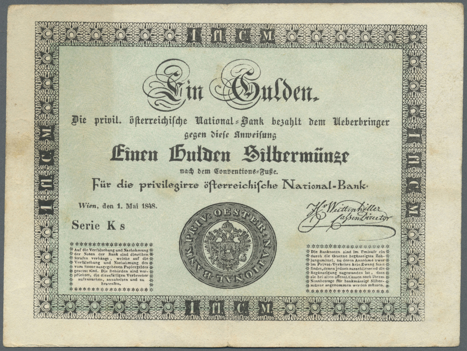 00124 Austria / Österreich: Privilegirte Oesterreichische National-Bank 1 Gulden 1848, P.A79, Great Original Shape With - Austria