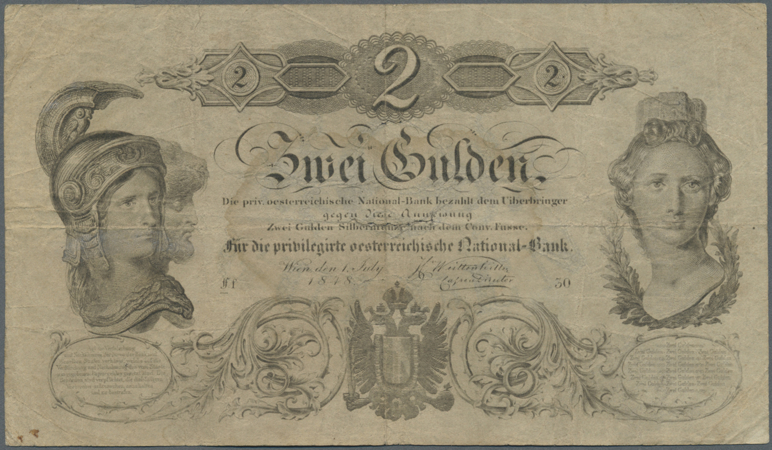 00127 Austria / Österreich: Privilegirte Oesterreichische National-Bank 2 Gulden 1848, P.A82, Seldom Offered Note In Goo - Austria