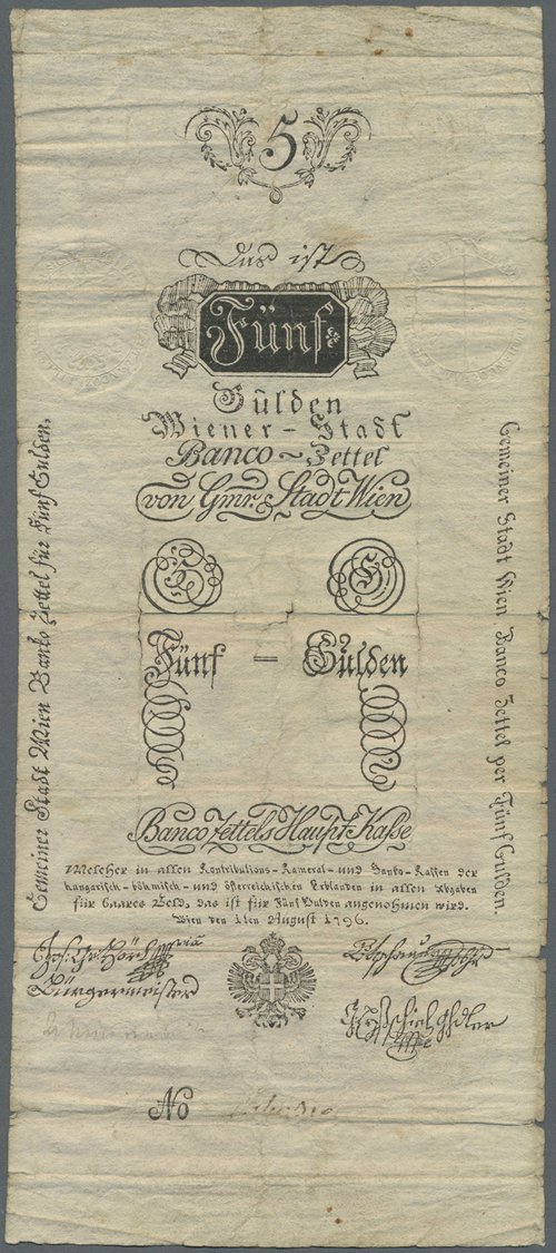 00084 Austria / Österreich: Wiener Stadt-Banco Zettel 5 Gulden 1796, P.A22a, Great Condition For The Age Of The Note Wit - Austria