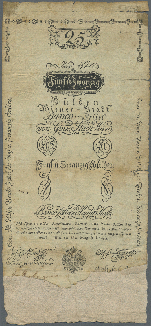 00087 Austria / Österreich: Wiener Stadt-Banco Zettel 25 Gulden 1796, P.A24a With Dull Watermark "25" At Center. Restore - Austria