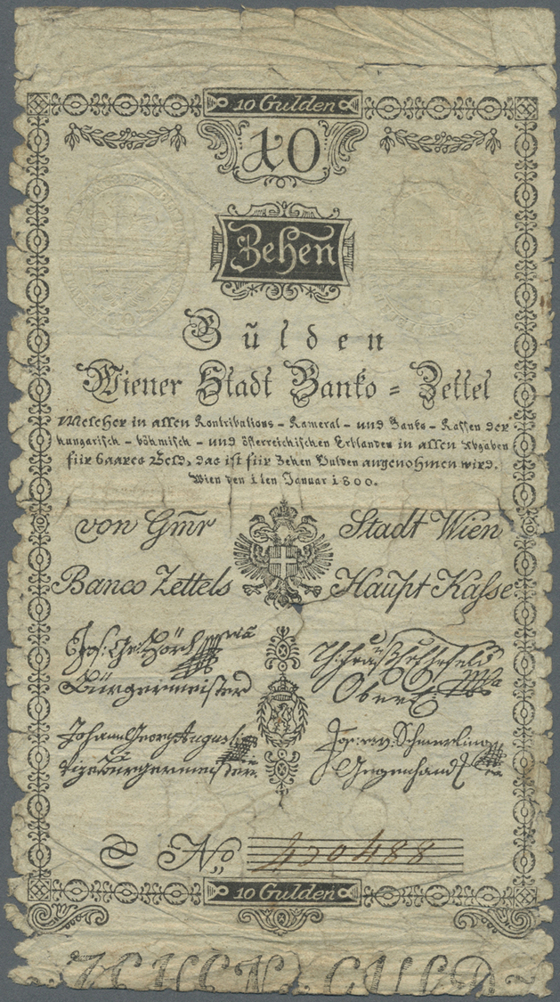 00093 Austria / Österreich: Wiener Stadt-Banco Zettel 10 Gulden 1800, P.A32a In Well Worn Condition With Many Tears And - Austria