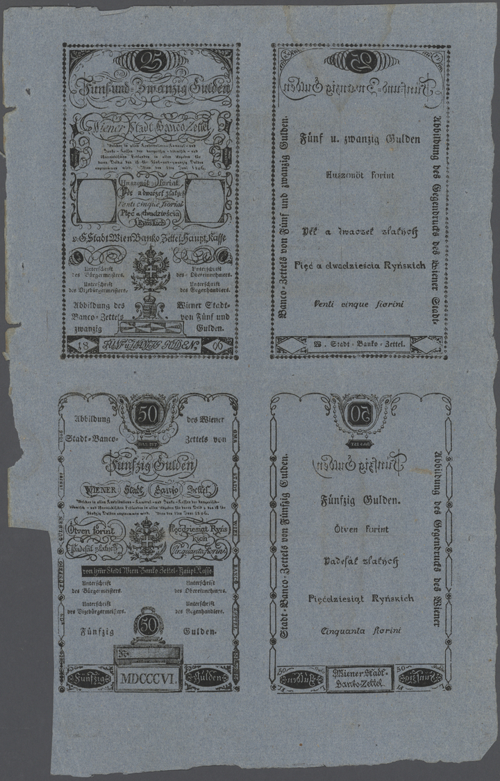 00099 Austria / Österreich: Uncut Sheet Of FORMULAR Notes Of 25, 50 And 100 Gulden 1806, The 25 And 50 Printed On One Si - Austria