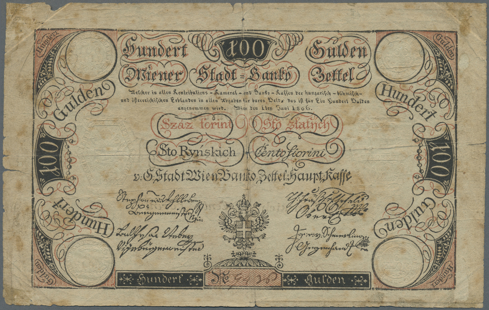 00102 Austria / Österreich: Wiener Stadt-Banco Zettel 100 Gulden 1806, P.A42a, Highly Rare Banknote In Worn Condition Wi - Austria