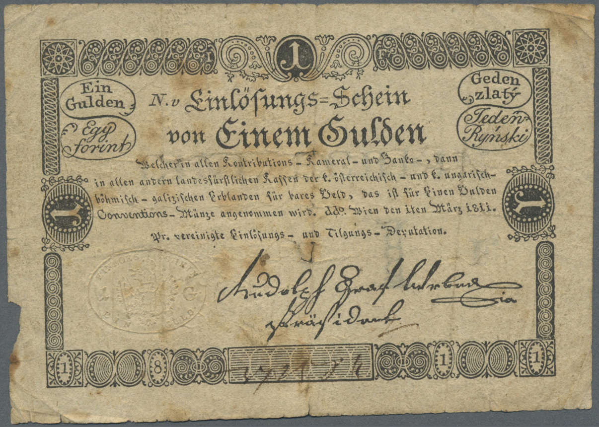 00103 Austria / Österreich: Privilegierte Vereinigte Einlösungs- Und Tilgungs-Deputation 1 Gulden 1811, P.A44a In Used C - Austria