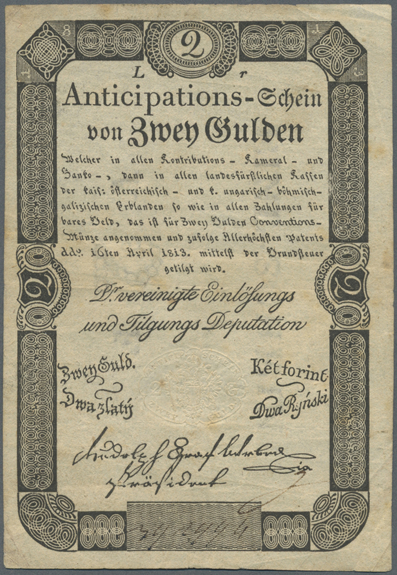 00108 Austria / Österreich: Privilegierte Vereinigte Einlösungs- Und Tilgungs-Deputation 2 Gulden 1813, P.A50a. Great Or - Austria
