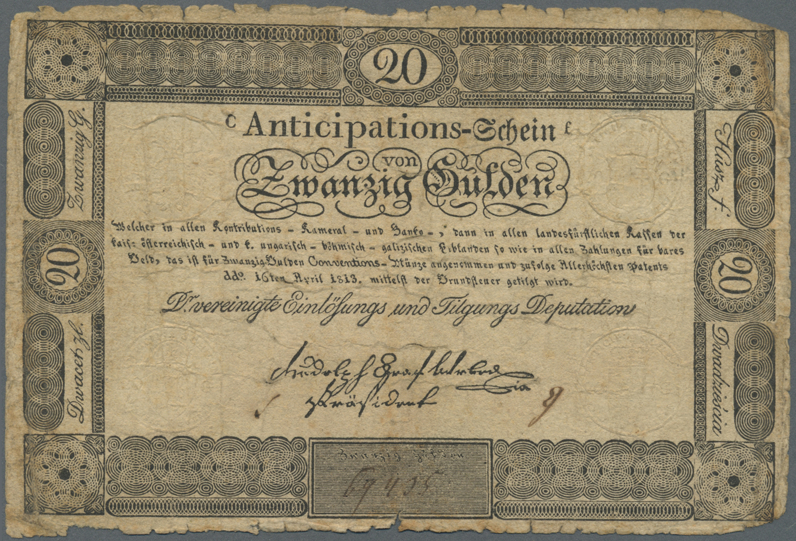 00112 Austria / Österreich: Privilegierte Vereinigte Einlösungs- Und Tilgungs-Deputation 20 Gulden 1813, P.A53a, Highly - Austria