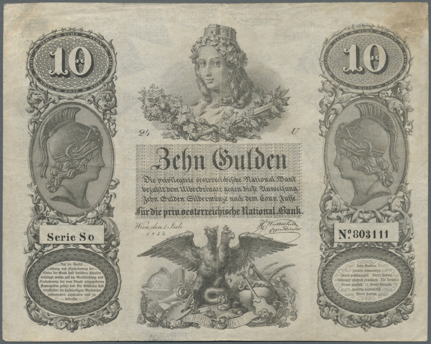 00129 Austria / Österreich: Privilegirte Oesterreichische National-Bank 10 Gulden 1854, P.A83, Very Rare Note In Excelle - Austria