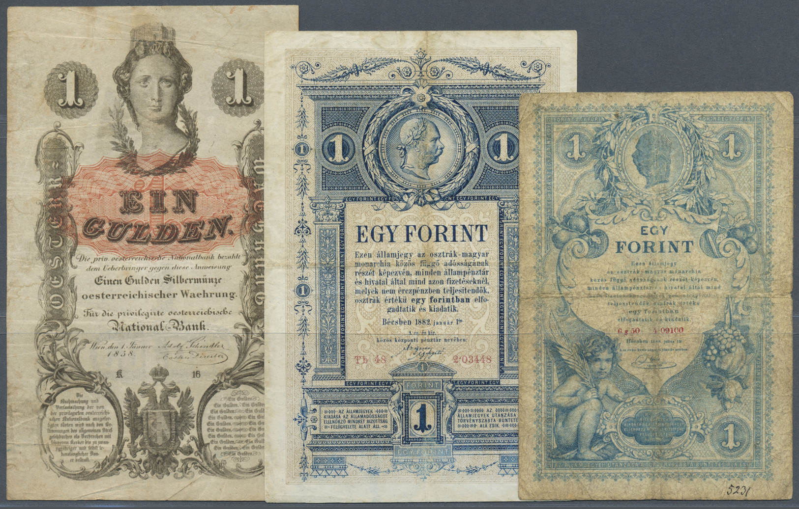 00134 Austria / Österreich: Set Of 3 Notes Containing 1 Gulden 1858, 1882, 1881 P. A84, A153, A156, All Used With Folds - Austria