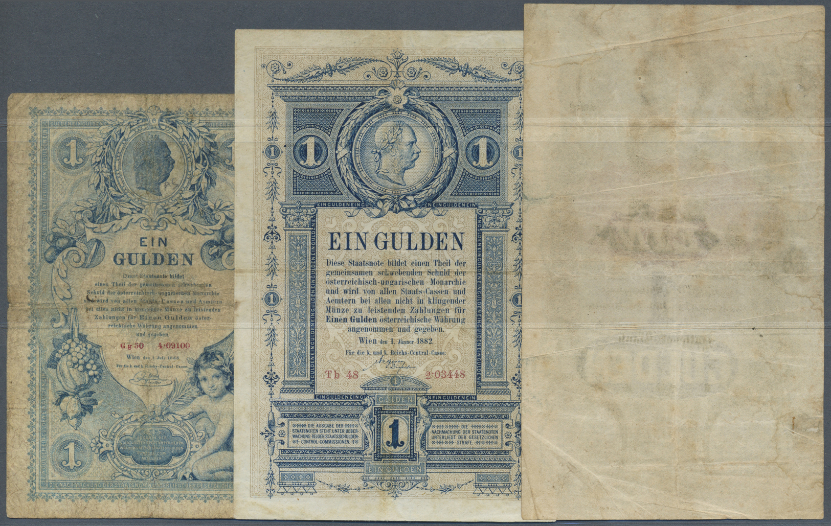 00134 Austria / Österreich: Set Of 3 Notes Containing 1 Gulden 1858, 1882, 1881 P. A84, A153, A156, All Used With Folds - Austria