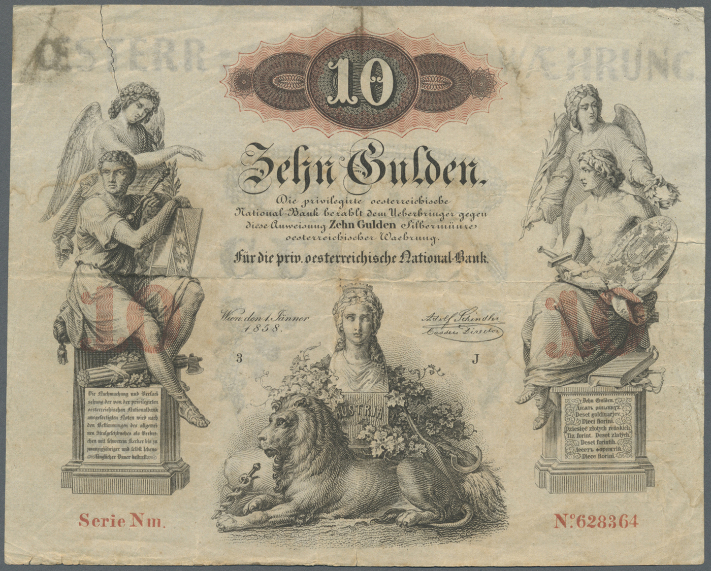 00135 Austria / Österreich: Privilegirte Oesterreichische National-Bank 10 Gulden 1858, P.A85, Nice And Attractive Note - Austria