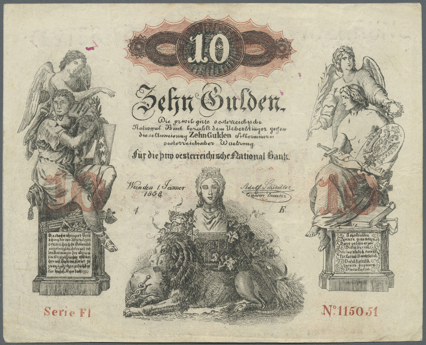 00136 Austria / Österreich: Privilegirte Oesterreichische National-Bank Contemporary Forgery Of The 10 Gulden 1858, P.A8 - Austria