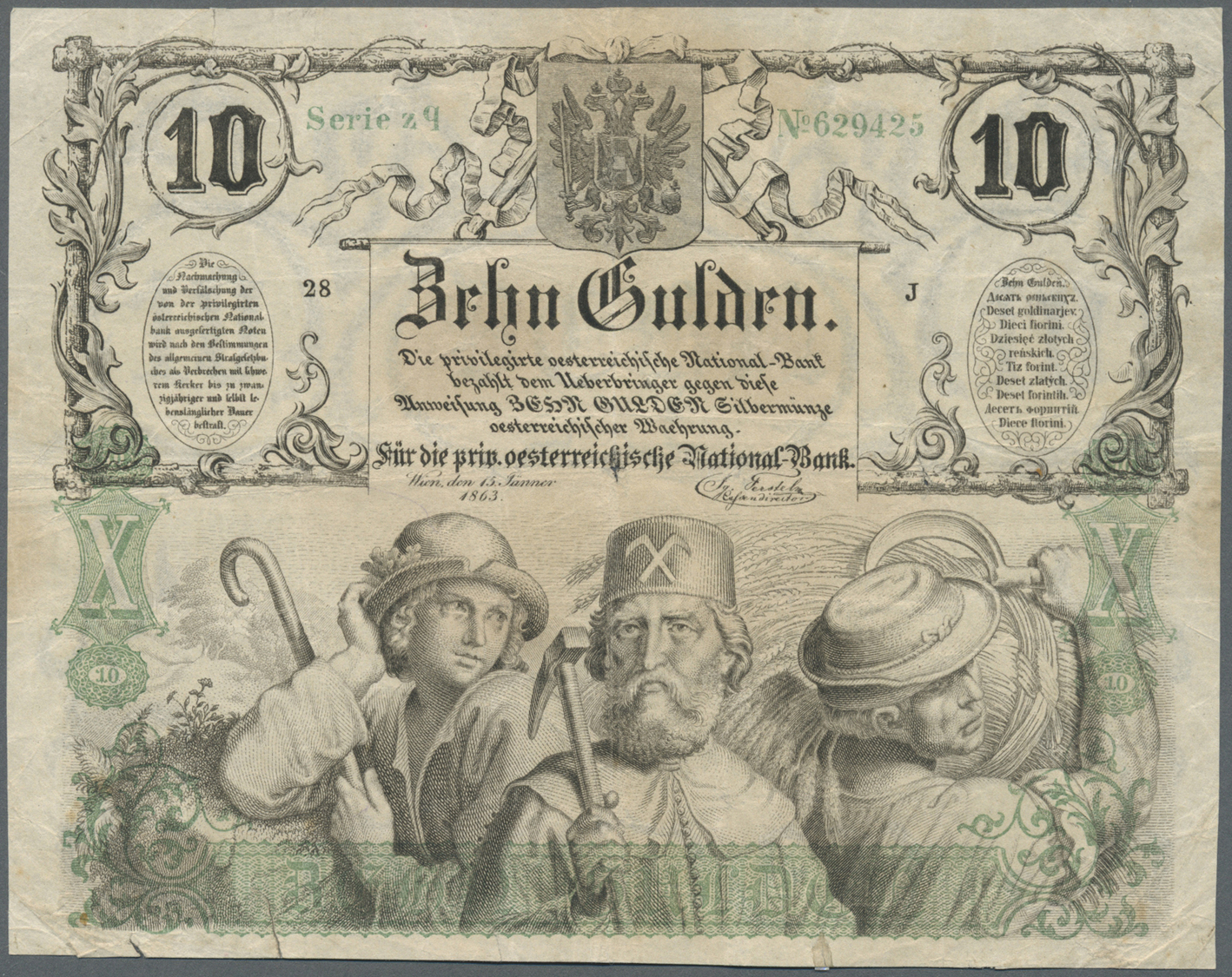 00138 Austria / Österreich: Privilegirte Oesterreichische National-Bank 10 Gulden 1863, P.A89, Highly Rare Note In Very - Austria