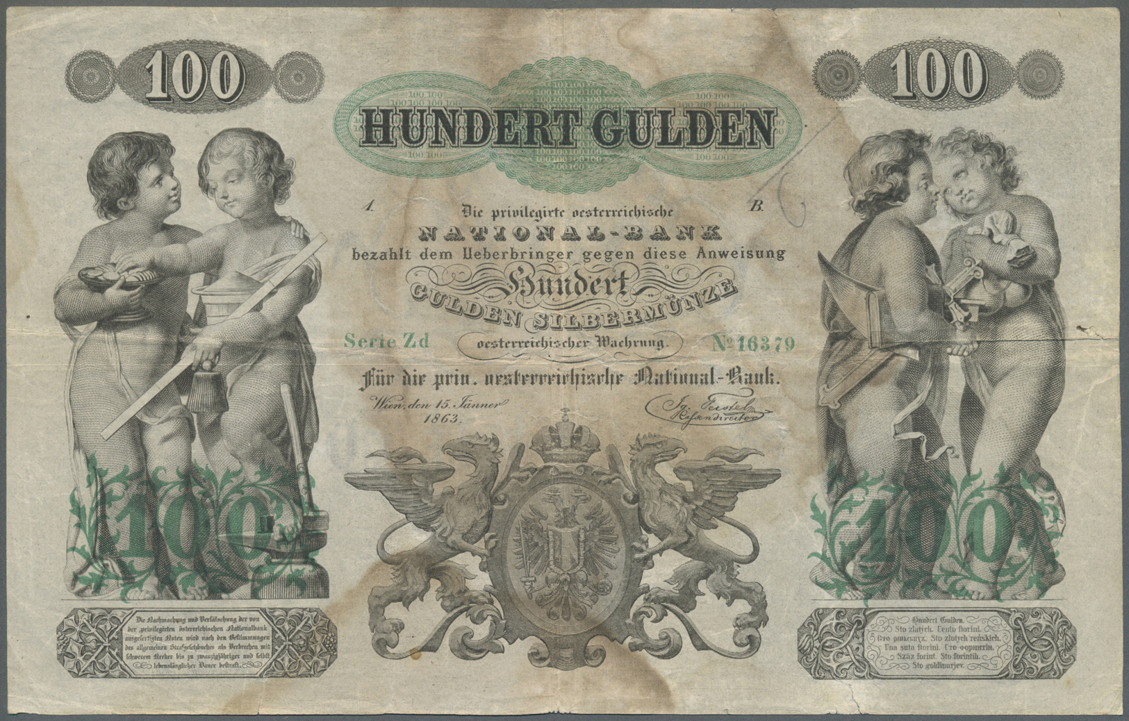 00140 Austria / Österreich: Privilegirte Oesterreichische National-Bank 100 Gulden 1863, P.A90, Extraordinary Rare Note - Austria