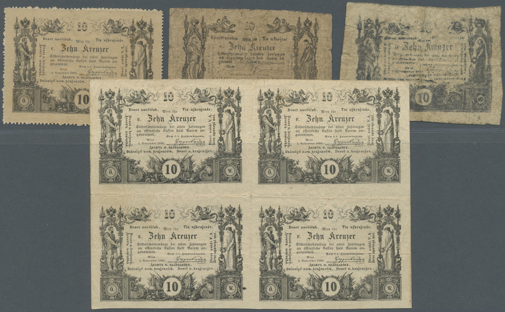 00142 Austria / Österreich: K.u.K. Hauptmünzamt Uncut Sheet Of 4 Pcs. 10 Kreuzer 1860 Series E And F, P.A93a (F+) With - Austria