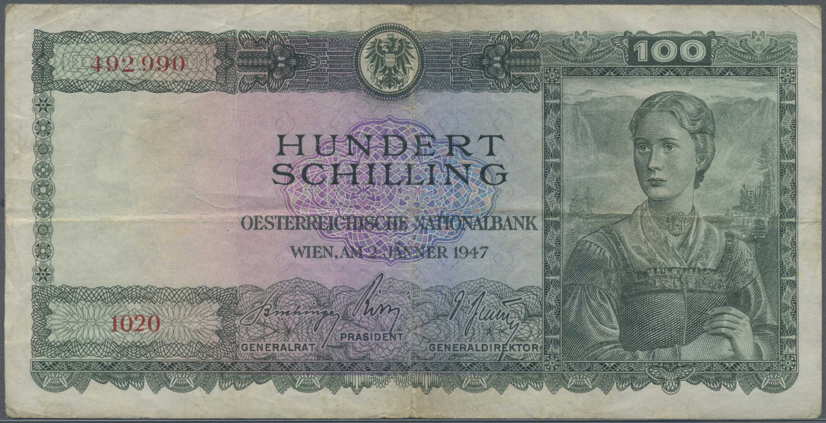 00145 Austria / Österreich: 100 Schilling 1947, P.124, Seldom Offered Note With Several Folds, Slightly Stained Paper An - Austria