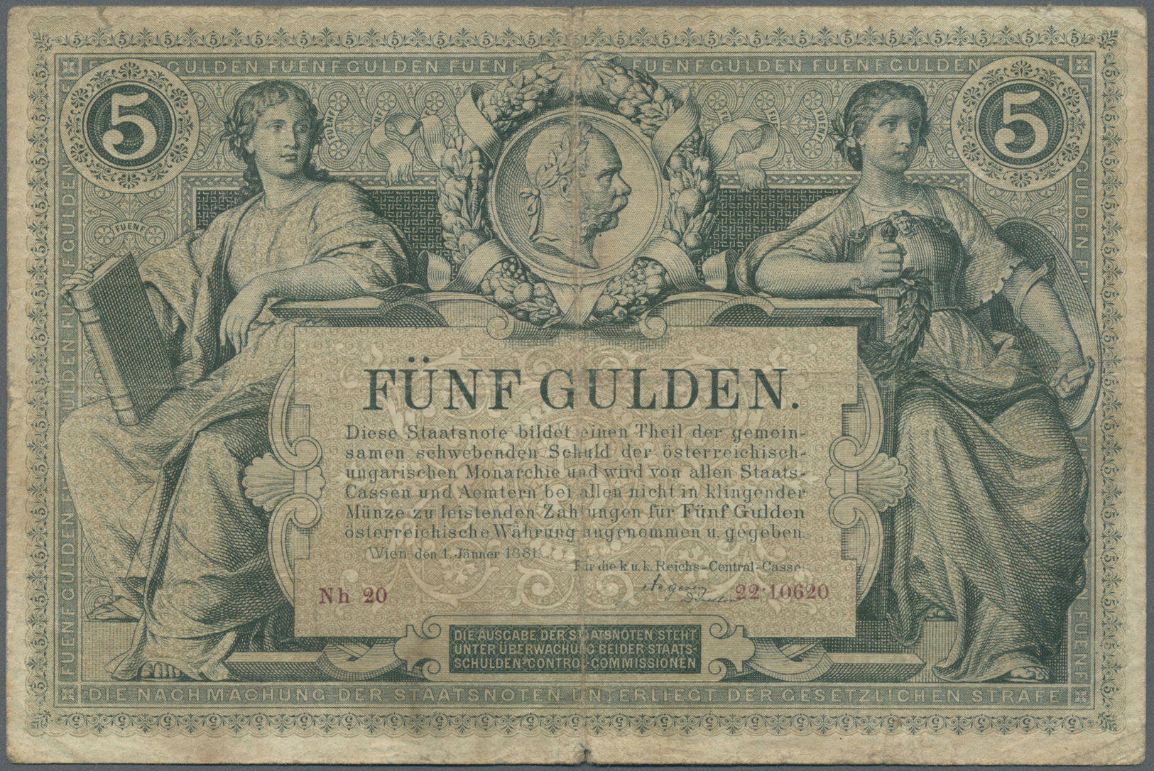 00158 Austria / Österreich:  K.u.K. Reichs-Central-Casse 5 Gulden 1881, P.A154 In Used Condition With Lightly Stained Pa - Austria