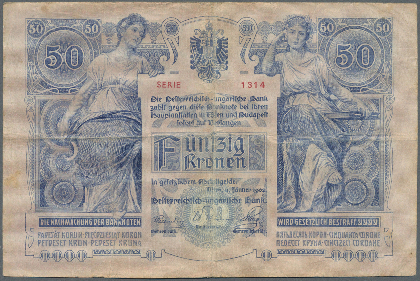 00168 Austria / Österreich: Oesterreichisch-ungarische Bank / Osztrak-magyar Bank 50 Kronen 1902, P.6, Several Folds And - Austria