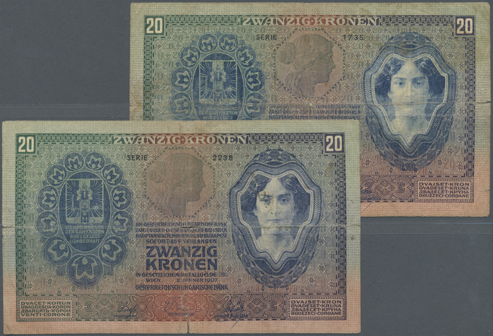 00171 Austria / Österreich: Pair Of The 20 Kronen 1907, P.10, Both Notes In Well Worn Condition With Many Folds And Crea - Austria