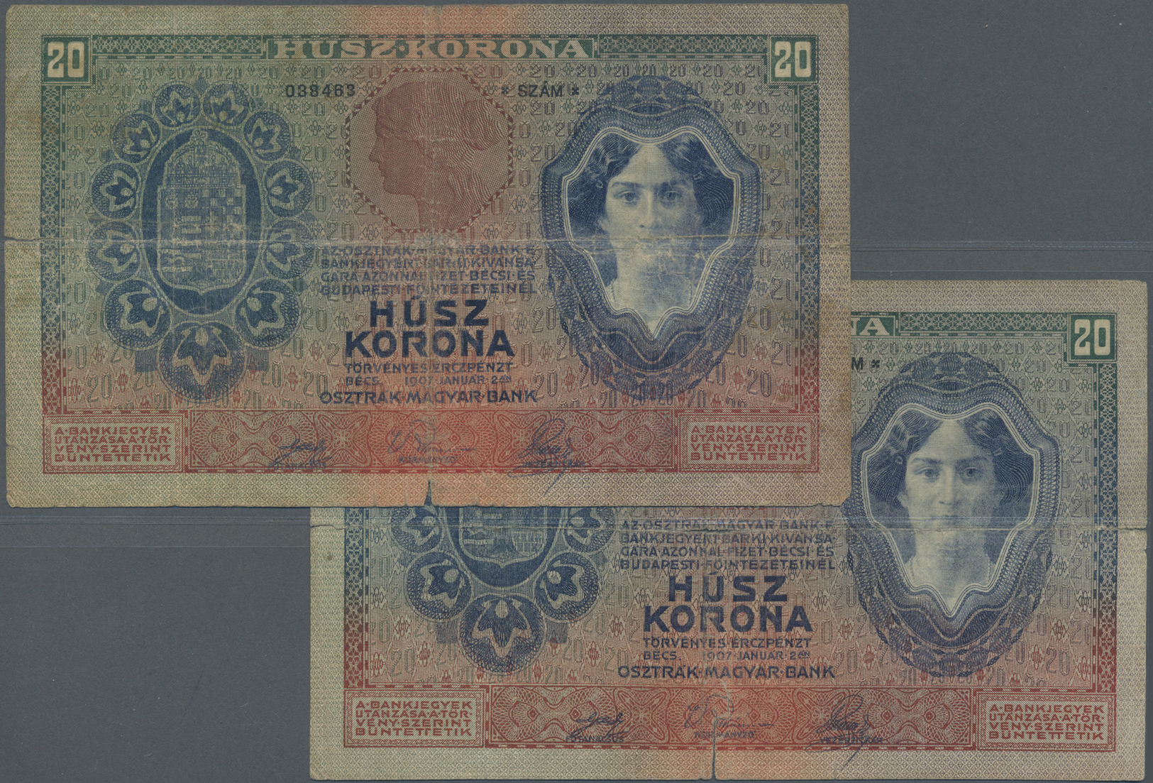 00171 Austria / Österreich: Pair Of The 20 Kronen 1907, P.10, Both Notes In Well Worn Condition With Many Folds And Crea - Austria