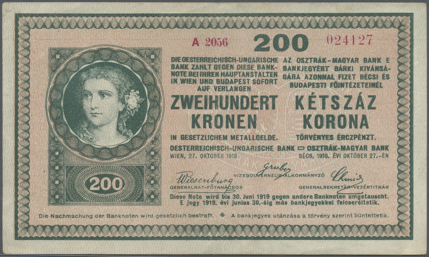 00176 Austria / Österreich: 200 Kronen 1918, P.24, Nice And Attractive Note With A Few Folds And Slightly Stained Paper. - Austria