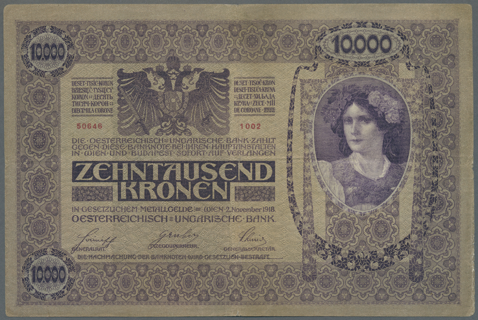 00177 Austria / Österreich: Oesterreichisch-ungarische Bank / Osztrak-magyar Bank 10.000 Kronen 1918 With Hungarian Text - Austria